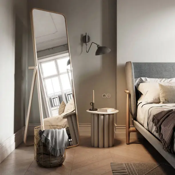 Large mirror in the corner of bedroom. 3D render of a bedroom interior with side table and big mirror.