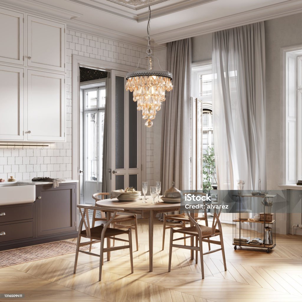 3D rendering of a dining area in modern kitchen 3D rendering of a dining area in modern kitchen. Luxurious interiors of kitchen and dining table. Dining Room Stock Photo