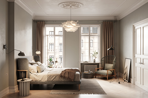 Small bedroom digitally generated image. Digitally generated image of a bedroom interiors with minimal furniture.