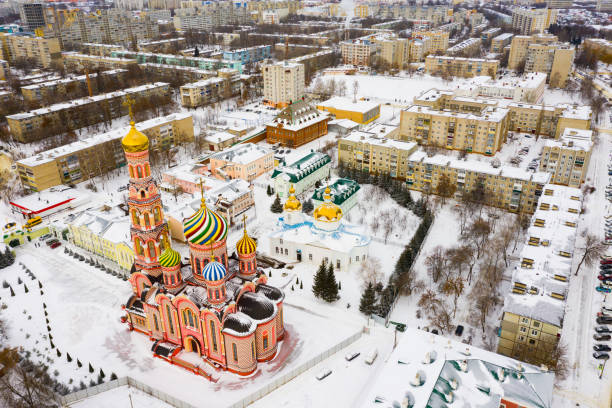 View of Ascension monastery and residential areas in Tambov. Top view of the Ascension monastery and residential areas in winter in the city of Tambov. tambov oblast photos stock pictures, royalty-free photos & images