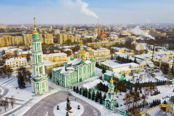 Winter aerial view of Tambov with Orthodox Transfiguration Cathedral Winter aerial view of Tambov cityscape and Orthodox Transfiguration Cathedral covered with snow, Russia tambov oblast photos stock pictures, royalty-free photos & images