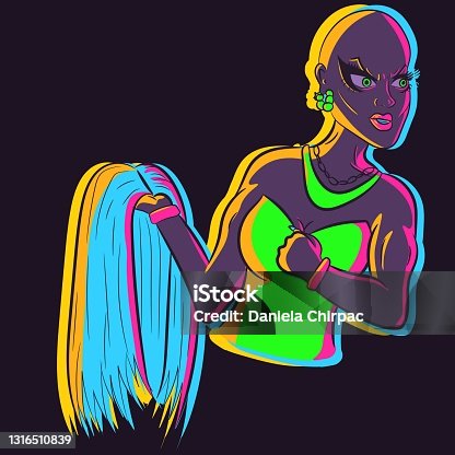 istock Angry bald drag queen with 'hold my wig' facial expression. Muscular lady with strong arms being enraged. Conceptual art about empowered women under UV neon lights. 1316510839