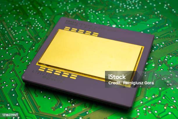 Large Goldplated Ceramic Processor Intel Pentium Pro On Green Pcb Gold Recovery And Recycling Stock Photo - Download Image Now