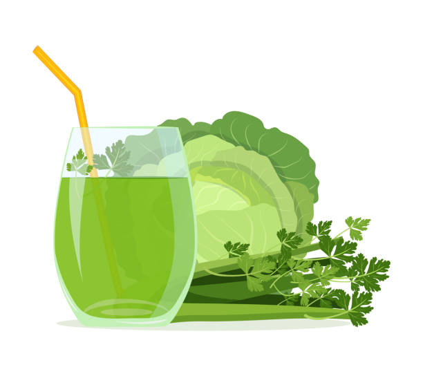 illustrazioni stock, clip art, cartoni animati e icone di tendenza di illustrazione vettoriale di succo vegetale di cavolo e sedano in un bicchiere. - juice celery drink vegetable