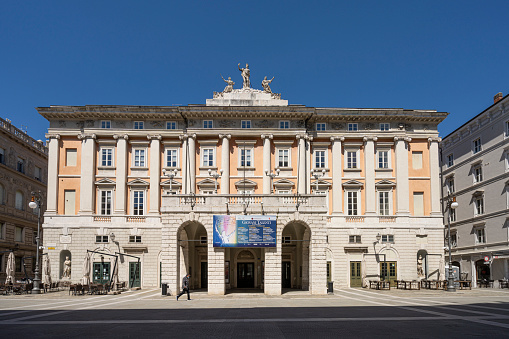 Trieste, Italy. May 3, 2021.  the facade of the Verdi Theater building