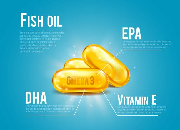 illustrazioni stock, clip art, cartoni animati e icone di tendenza di infografica pillole di olio di pesce, omega -3, dha, epa - gel capsules