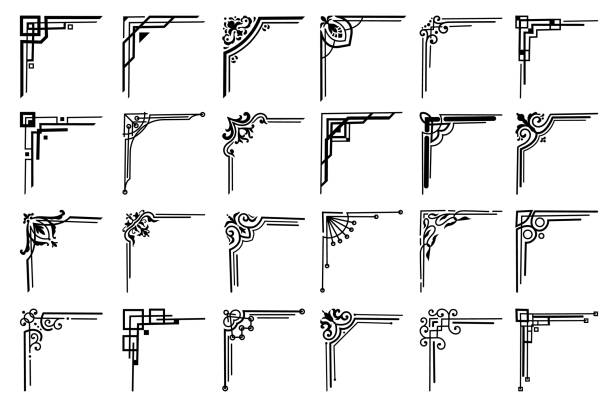 Corners and frame borders, floral embellishments Corners and frame borders, vector floral embellishments set. Black corners with flowers, leaves, victorian flourishes and frame swirls, page decoration calligraphic elements and adornments swirly vines stock illustrations