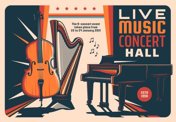 illustrations, cliparts, dessins animés et icônes de live music concert hall rétro vector flyer - blues harp