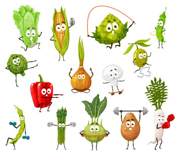 ilustrações de stock, clip art, desenhos animados e ícones de vegetable, bean and mushroom doing sport exercises - cartoon food running turnip