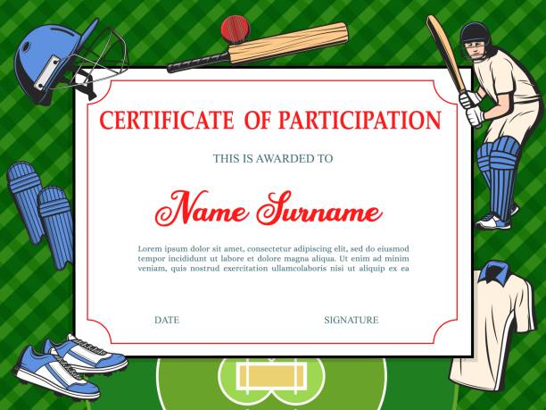 Certificate of participation baseball sport Certificate of participation in baseball tournament, sport school diploma vector template with sports equipment helmet, bat and ball, shoes, uniform and green field with sportsman playing, award frame cricket betting sites: best bookmakers stock illustrations