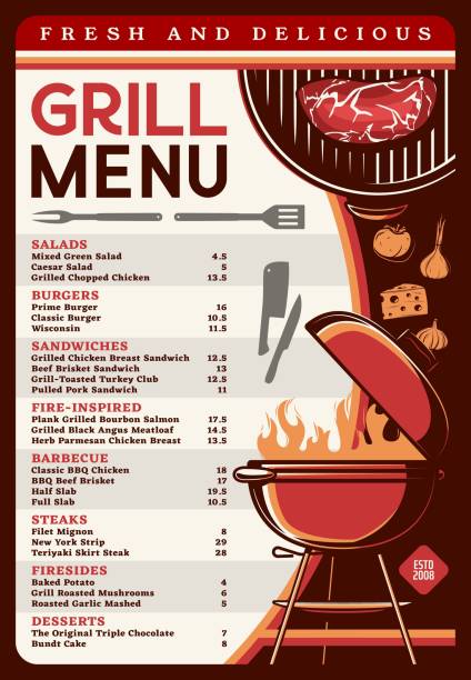 menu grillowe z grillem, kawiarnia z grillem - party barbecue grill dinner barbecue stock illustrations