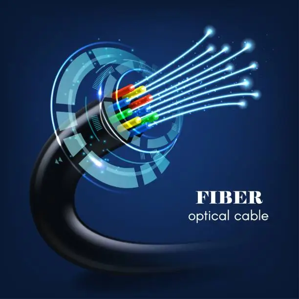 Vector illustration of Cable or wire with glowing optical fibers, vector