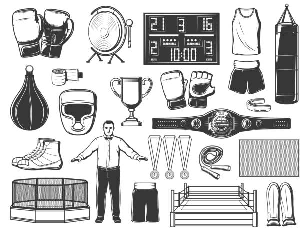 Boxing, mma and kickboxing sport icons Boxing, mma and kickboxing sport vector icons. Boxer gloves, punching bags, rings and championship belt, helmet and shorts, jersey and shoes, mouth guard, wrist wrap, trophy cup and score board boxing referee stock illustrations