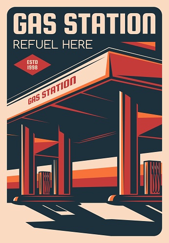 Gas or petrol station with gasoline or petroleum pumps vector design. Building of fuel filling service, motor oil shop, tire fitting, garage and auto service retro poster, oil industry themes