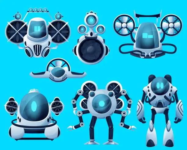 Vector illustration of Robots, underwater submarines, ocean, sea drones