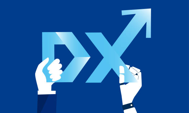 businessperson and robot holding letter"DX",blue background,vector illustration dx dx stock illustrations