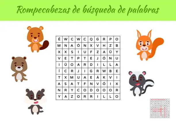 Vector illustration of Rompecabezas de bÃºsqueda de palabras - Word search puzzle. Educational game for study Spanish words. Kids activity worksheet colorful printable version with answers. Vector stock illustration