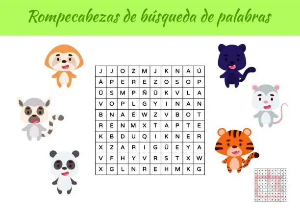 Vector illustration of Rompecabezas de bÃºsqueda de palabras - Word search puzzle. Educational game for study Spanish words. Kids activity worksheet colorful printable version with answers. Vector stock illustration