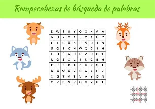 Vector illustration of Rompecabezas de bÃºsqueda de palabras - Word search puzzle. Educational game for study Spanish words. Kids activity worksheet colorful printable version with answers. Vector stock illustration