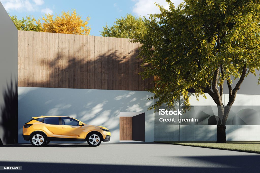 Generic modern concrete house Generic modern concrete house. 3D generated image. Car is generic and design not based on any real brand or model. Car Stock Photo
