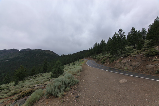 Open road view on a rainy day.  Taken with a wide angle lens in the Sierra Nevada mountains during the summer.