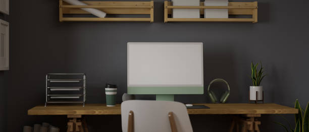 istock 3D rendering, loft working room with computer, office supplies, decorations, chair and shelf in the room 1316545940