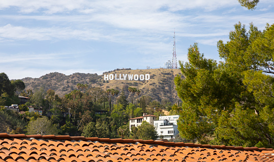 April 2021, Los Angeles California. View of Hollywood Hills with Hollywood sign and the residential neighborhood