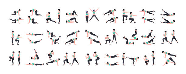 Women Workout Set. Women doing fitness and yoga exercises. Women Workout Set. Women doing fitness and yoga exercises. Lunges, Pushups, Squats, Dumbbell rows, Burpees, Side planks, Situ ps, Glute bridge, Leg Raise, Russian Twist, Side Crunch .etc burpee stock illustrations