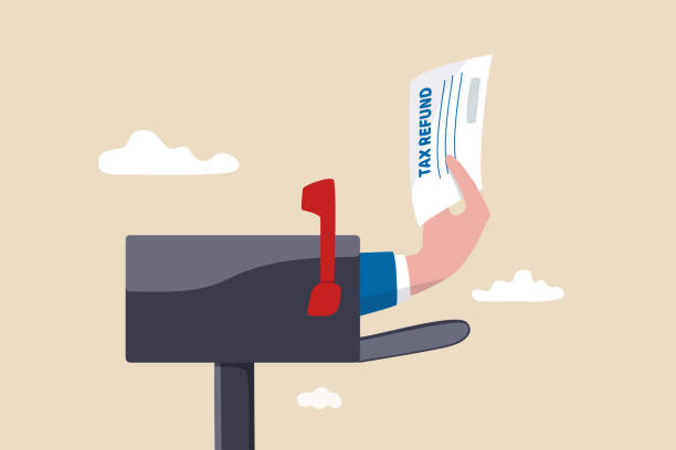 zwrot podatku lub koncepcja kredytu rabat, biznesmen strony pochodzi z oferty skrzynki pocztowej lub dając list z kontroli zwrotu podatku, aby zwrócić pieniądze do podatnika. - zwrot stock illustrations