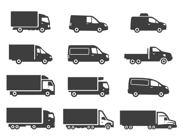 ilustrações de stock, clip art, desenhos animados e ícones de set of different delivery trucks. distribution and logistic clip arts. - commercial land vehicle illustrations