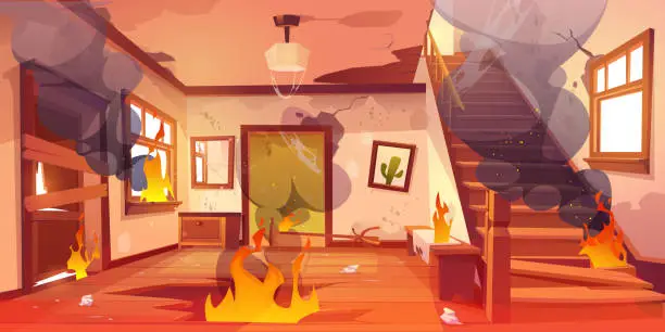 Vector illustration of Old abandoned house on fire, flame in hallway