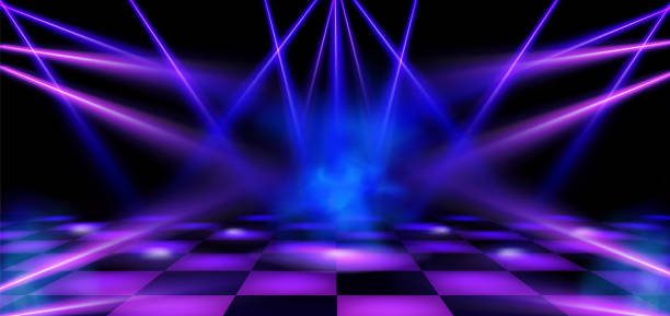Dance floor, stage illuminated by spotlights Dance floor, stage illuminated by blue and pink spotlights. Empty scene with spots of light on checkered floor. Vector realistic illustration of theater or club with color beams of lamps and smoke club concert stock illustrations