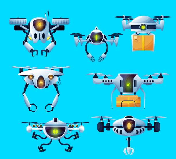 ilustrações de stock, clip art, desenhos animados e ícones de flying robots, drones, parcels delivery copter - vista aérea de carro isolado
