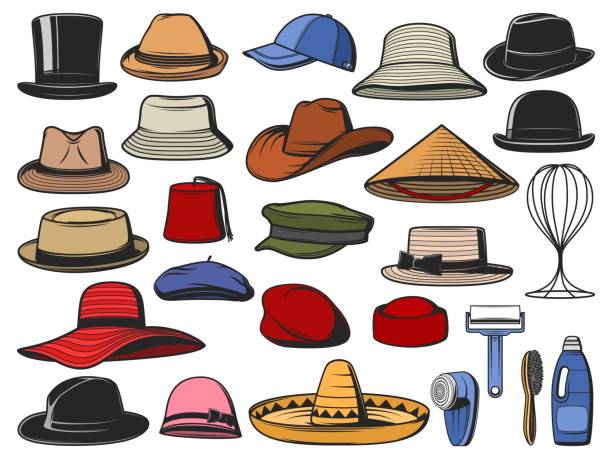 Hat and cap icons. Man and woman headwear Hats and caps vector. Man and woman headwear icons. Cowboy, Asian straw and cylinder hats, beret, bowler, fedora and beanie, baseball cap, sombrero, cloche, panama and pillbox headdress pill organizer stock illustrations
