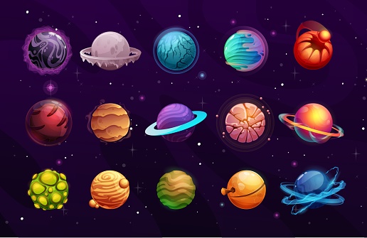 Planets of alien or fantasy space cartoon vector space game ui. User interface elements of another world universe galaxy space planets and stars with frozen ice, orbits, satellites and craters