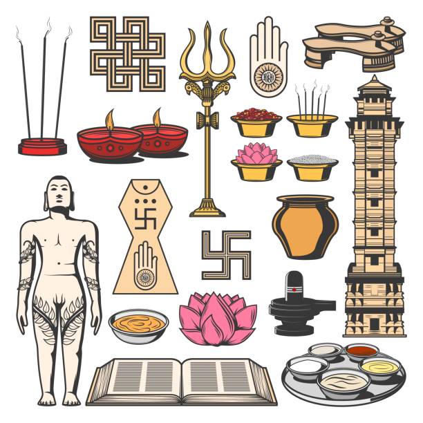Jainism Indian religion symbols, Jain Dharma icons Jainism Indian religion symbols with vector sketches of Jain Dharma, ahimsa and kalash pot. Jain Prateek Chihna, diya lamps, lotus, lingam and shrivatsa, paduka, bahubali, agama book and panchamrita dharmachakra stock illustrations