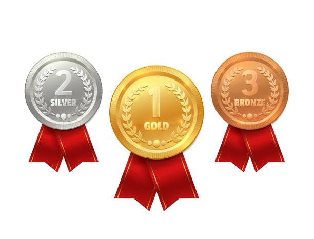 Medal and ribbon icons, sport prize, winner trophy Medal with ribbon vector icons of sport prize, reward certificate, winner trophy or champion honor award. Gold, silver and bronze medals with red tapes and laurel wreaths, 1st, 2nd, 3rd place awards award bronze medal medal ribbon stock illustrations