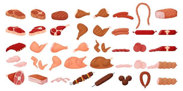 große fleischsammlung. wurst, gegrilltes huhn, rohes fleisch, wurstschnitte, schweinefleisch, knöchel, rippen, hähnchenbrust, shish kebab, fleischbällchen. in einem flachen cartoon-stil. isoliert auf weiß. - roast chicken restaurant food vector stock-grafiken, -clipart, -cartoons und -symbole