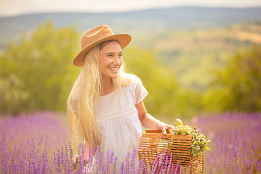 Young woman in lavender field.