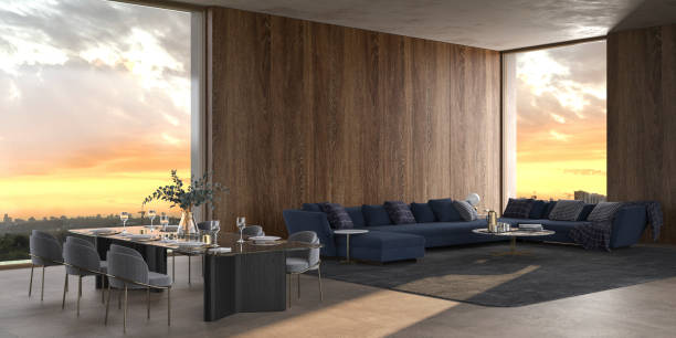 istock Luxury open living and dining room with setting sun, wooden wall mock up and stucco ceiling. Large windows overlooking the night sky. Elegant 3d render illustration bright color interior design. 1316567871