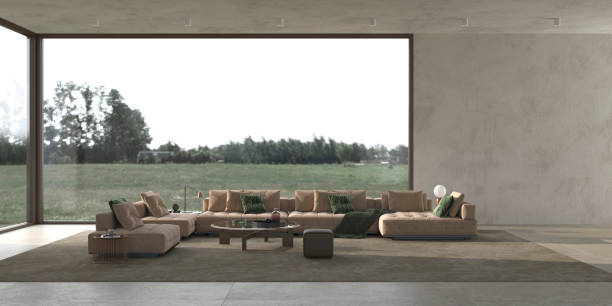 istock Luxury modern bright living room interior with stone tile floor and stucco wall mock up. Beige design, large windows and beautiful nature forest view background. 3d render illustration. 1316567904