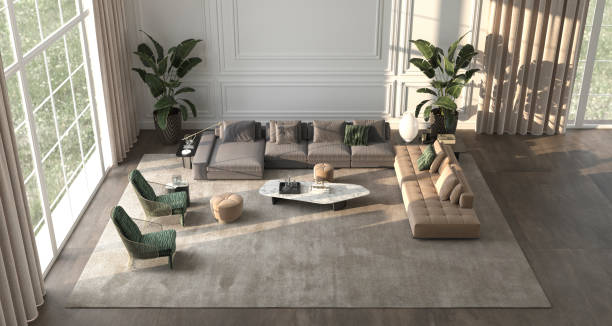 istock Modern luxury interior background with panoramic windows and nature landscape view, plants, white classic wall mock up. Beige design living room with large windows top view. 3d rendering illustration. 1316568031