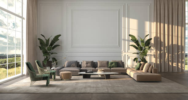 istock Modern luxury interior background with panoramic windows and nature view, plants, classic panels wall mock up. Beige design living room with large white classic windows. 3d rendering illustration. 1316568067