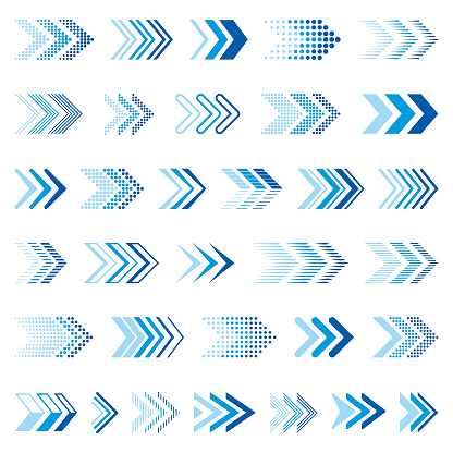 Set of blue arrows. Vector design elements, different shapes.