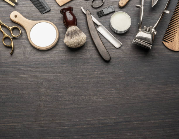 istock Classic grooming and hairdressing tools on wooden background. 1316571377