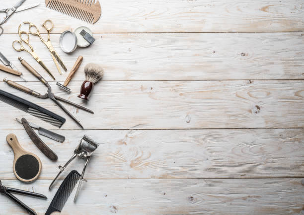 istock Classic grooming and hairdressing tools on wooden background. 1316571471