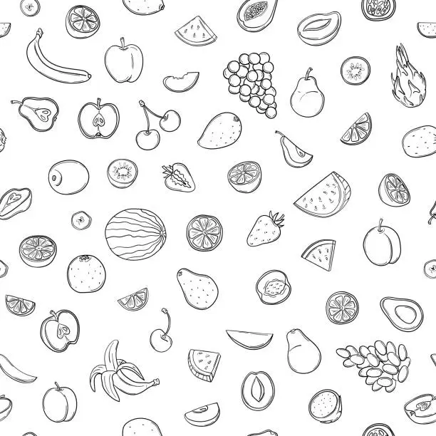 Vector illustration of Seamless pattern of juicy summer berries and fruits in hand-drawn doodle style. Fresh vitamins, citrus fruits. Vegan, vegetarian, raw food. Flat vector illustration isolated on white