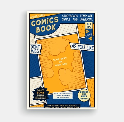 Comic book page template. Classic storyboard artwork. Comics magazine cover. Vector illustration