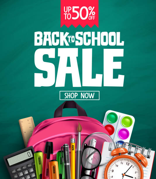 ilustrações de stock, clip art, desenhos animados e ícones de back to school sale vector banner design. back to school promotion text  with 50% off educational supplies - school supply