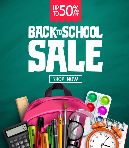 Back to school sale vector banner design. Back to school promotion text  with 50% off educational supplies Back to school sale vector banner design. Back to school promotion text  with 50% off educational supplies for advertisement design. Vector illustration back to school stock illustrations